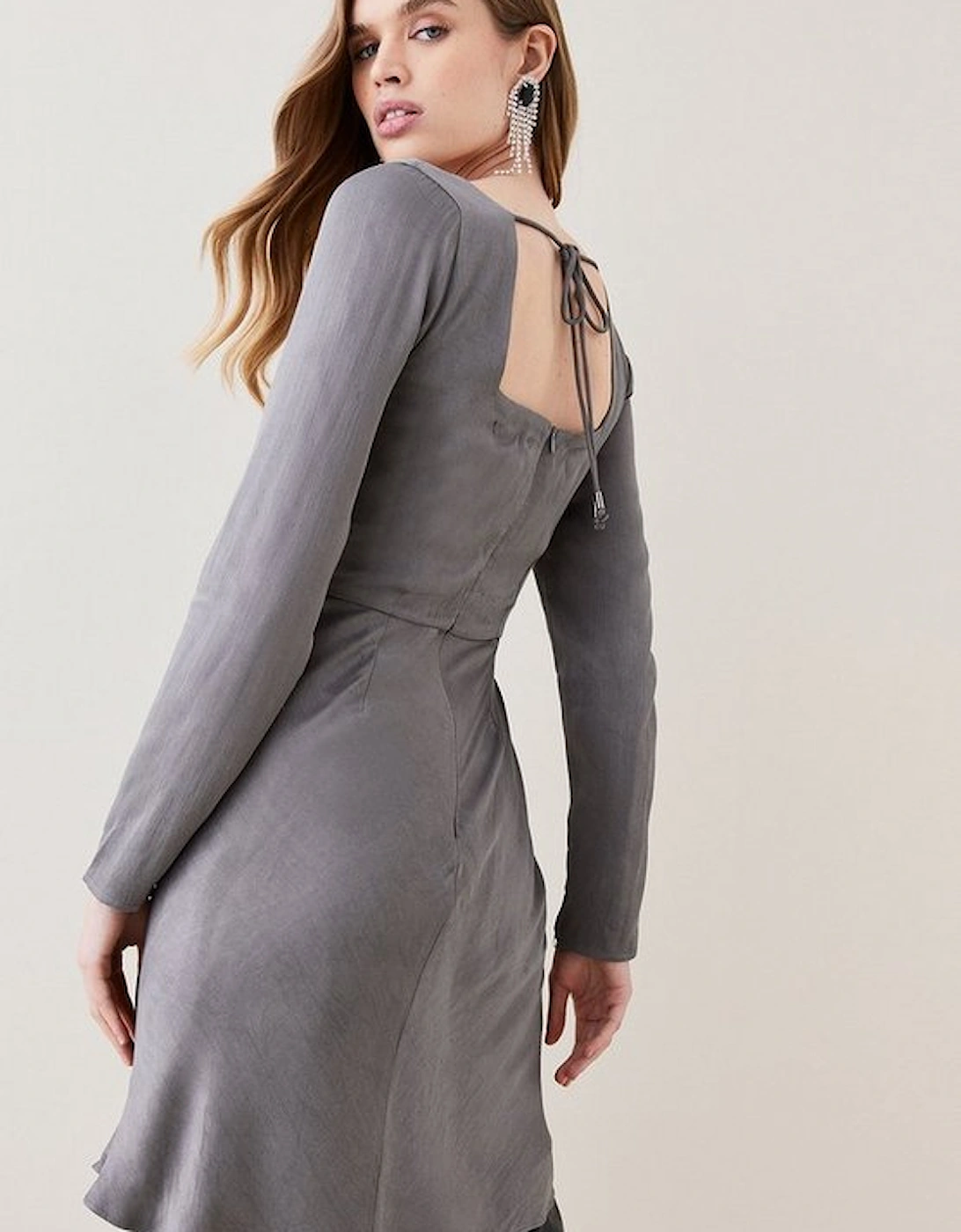 Satin Embellished Long Sleeve Mini Dress