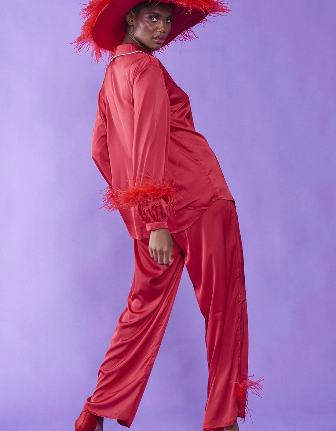 Red Silk Pyjamas With Feather Trim
