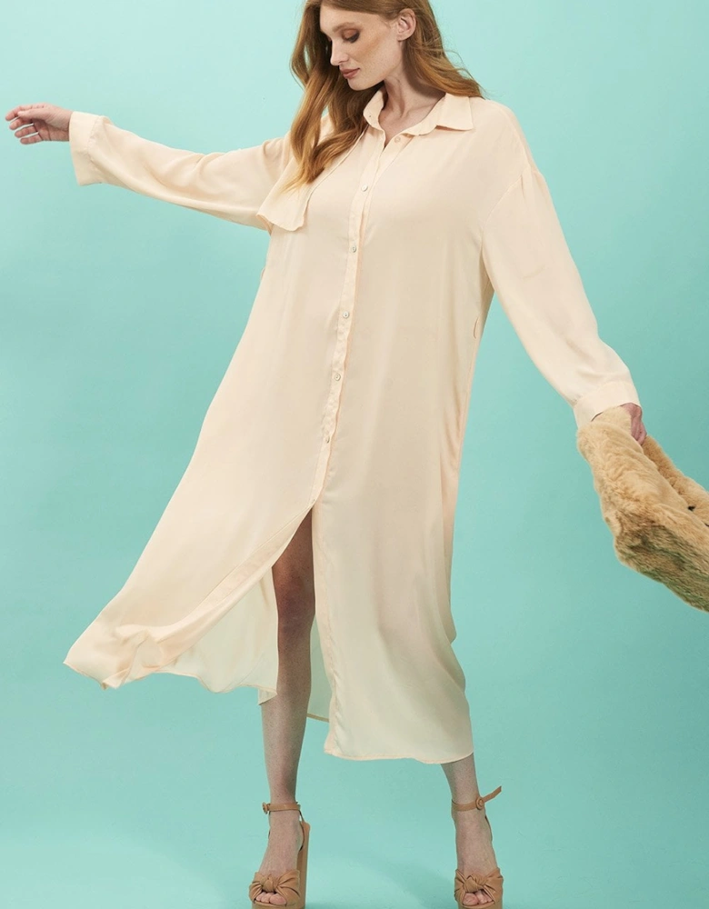 Cream Silk Blend Maxi Shirt Dress