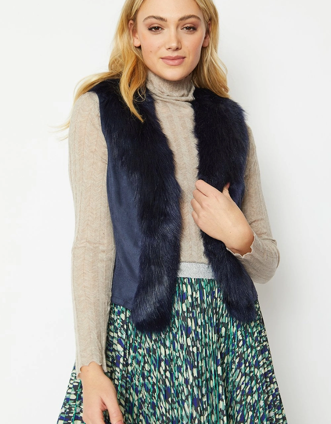 Navy Faux Suede Gilet with Faux Fur Collar
