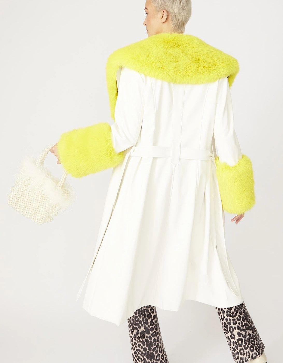 Yellow Trench Style Belted Coat with Faux Fur Cuffs and Collar
