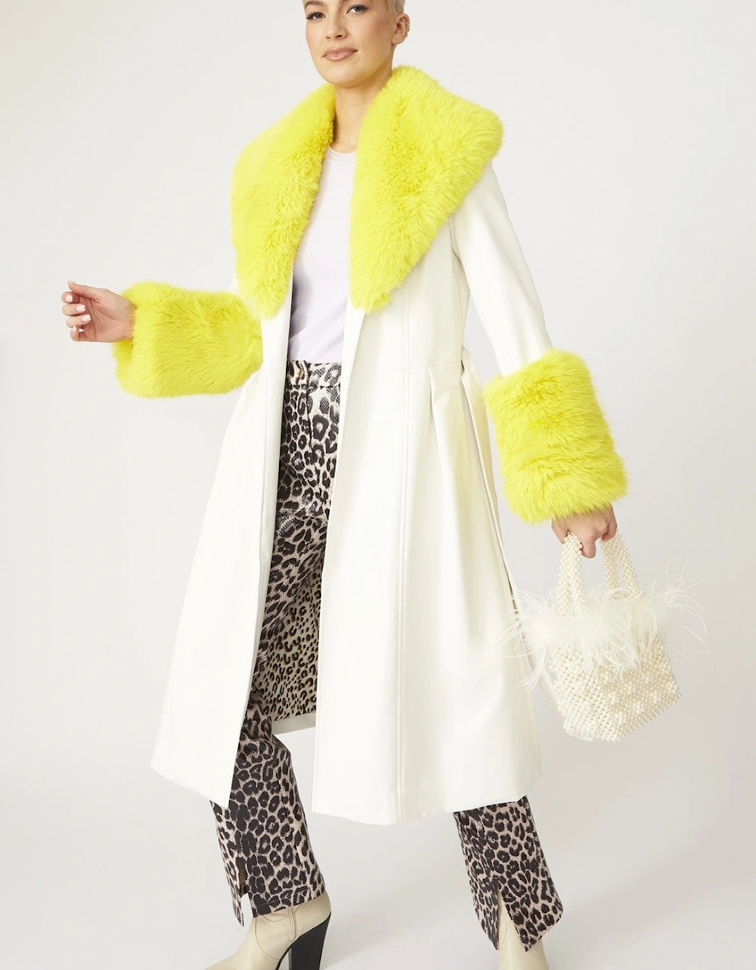 Yellow Trench Style Belted Coat with Faux Fur Cuffs and Collar