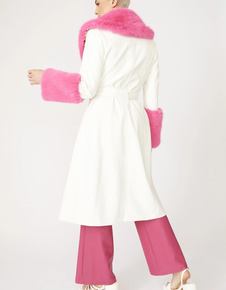 Pink Trench Style Belted Coat with Faux Fur Cuffs and Collar