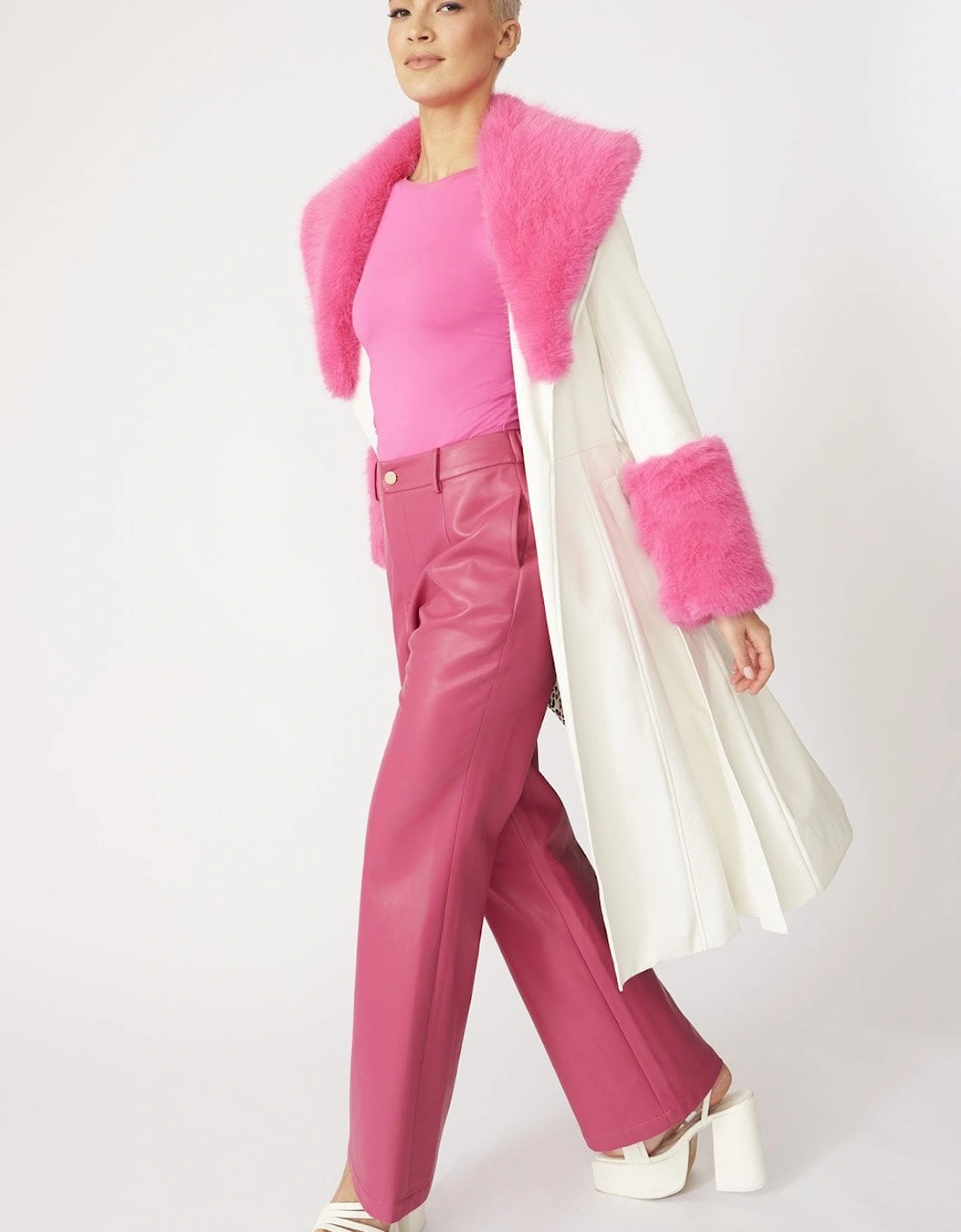 Pink Trench Style Belted Coat with Faux Fur Cuffs and Collar