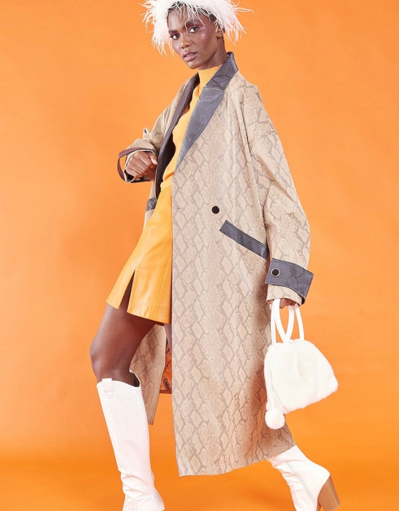 Faux Leather Snake Print Maxi Coat