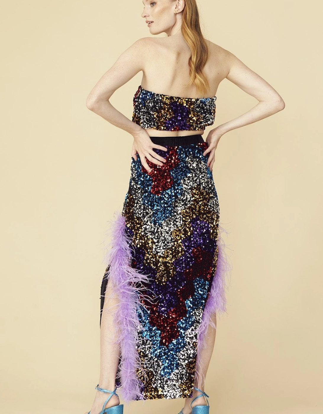 Multi Coloured Sequin Midi Skirt With Duel Feather Split