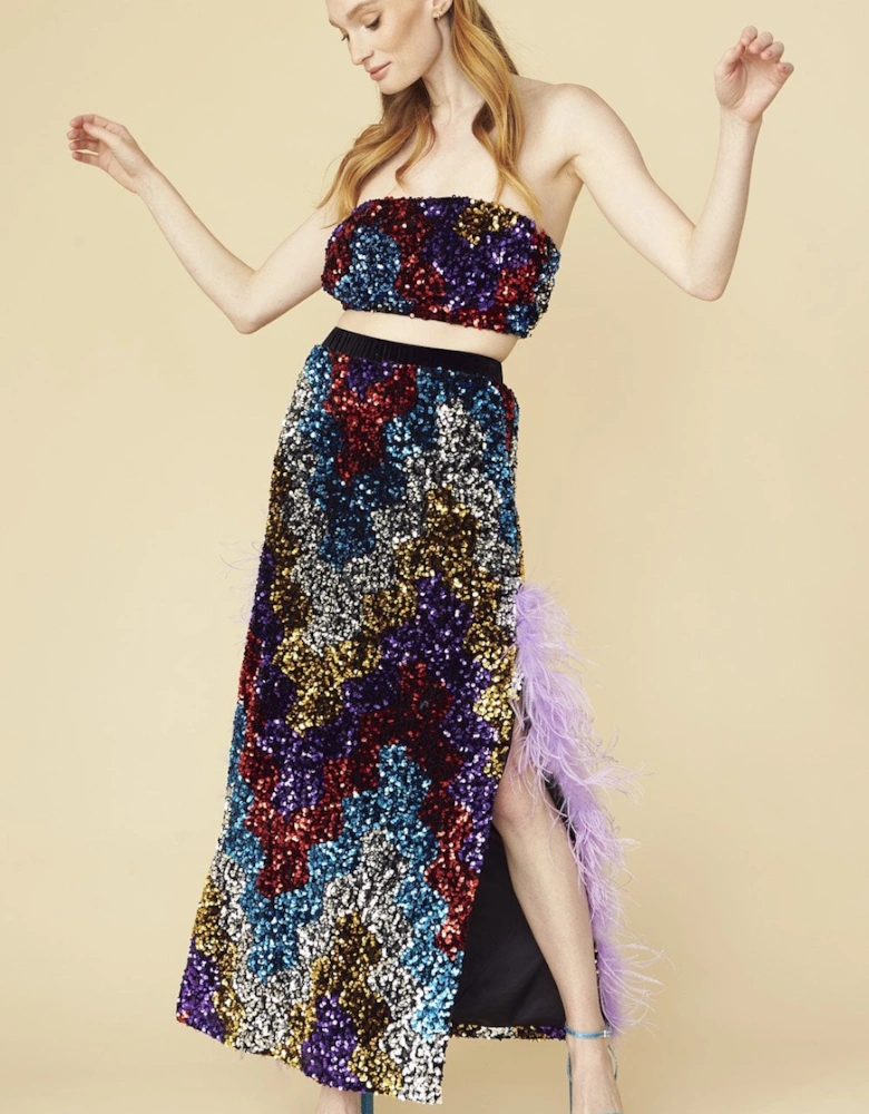 Multi Coloured Sequin Midi Skirt With Duel Feather Split