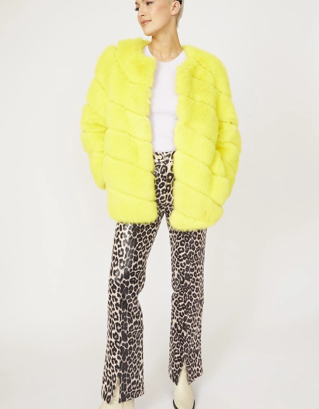 Yellow Faux Fur Striped Gaga Coat