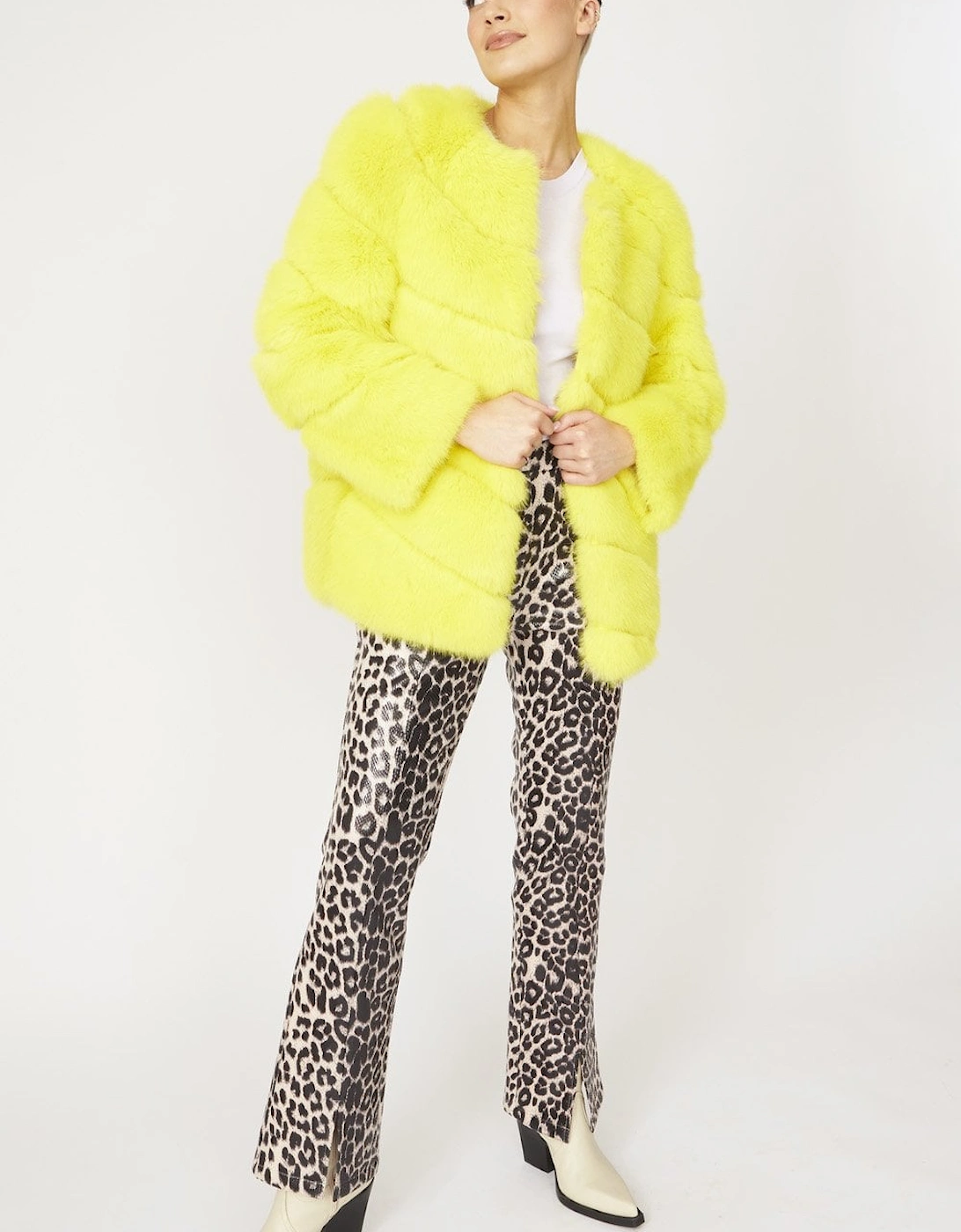 Yellow Faux Fur Striped Gaga Coat