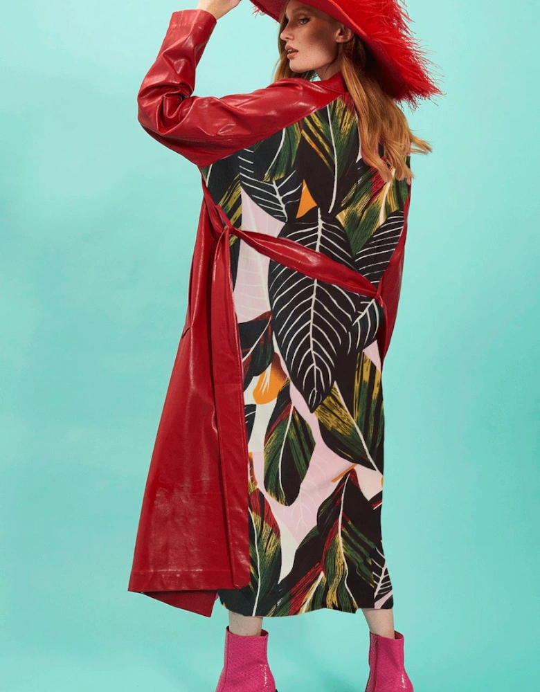 Red Eco Leather Trench Coat with Botanical Back Panel