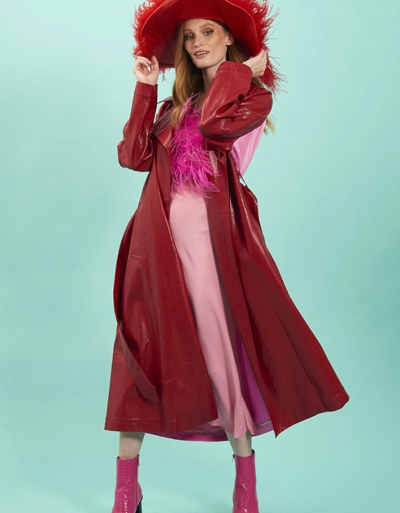 Red Eco Leather Trench Coat with Pink Back Panel