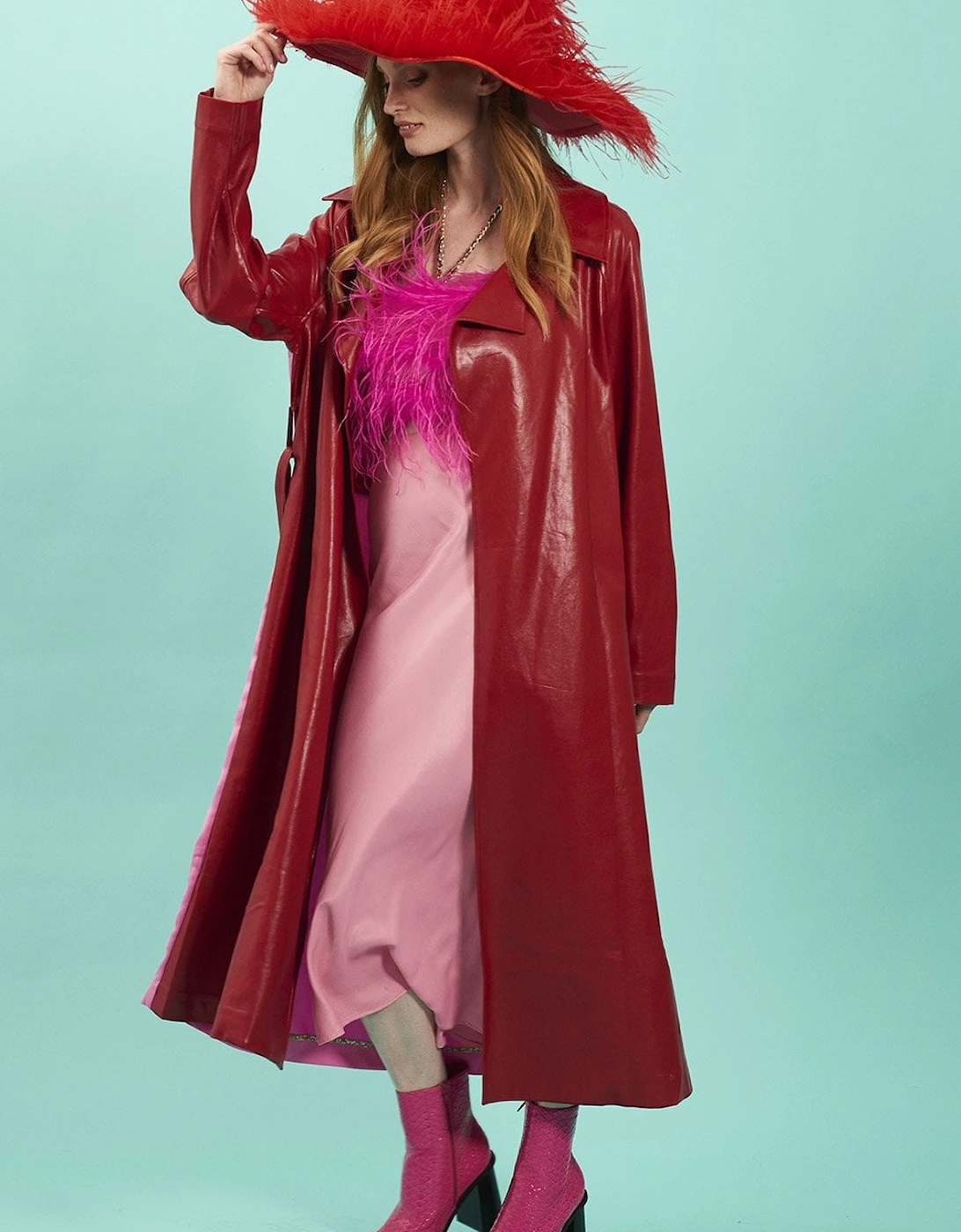 Red Eco Leather Trench Coat with Botanical Back Panel