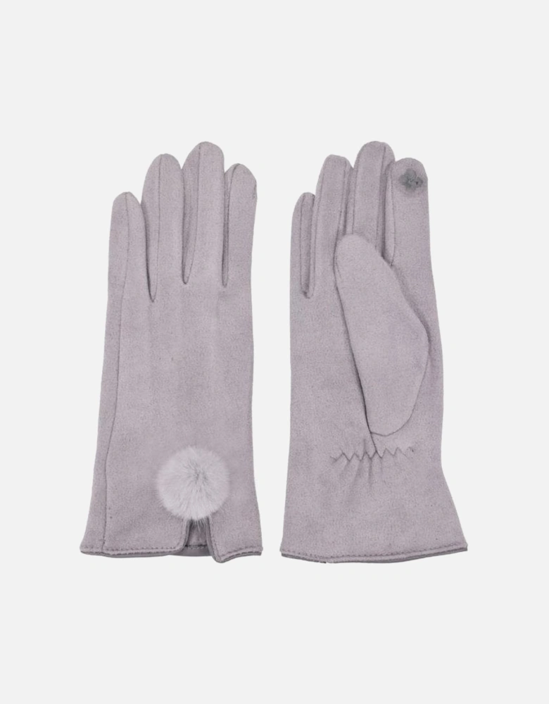 Grey Faux Suede Gloves With Faux Fur Pom