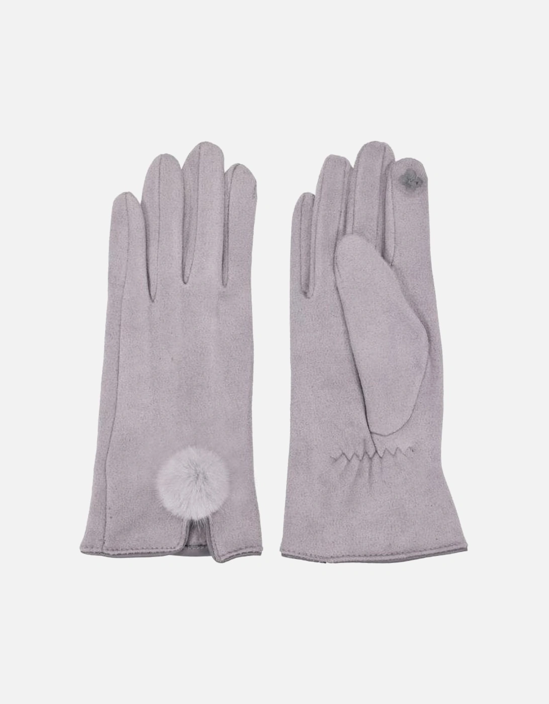 Grey Faux Suede Gloves With Faux Fur Pom