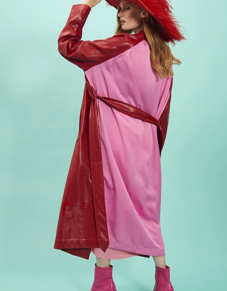 Red Eco Leather Trench Coat with Pink Back Panel