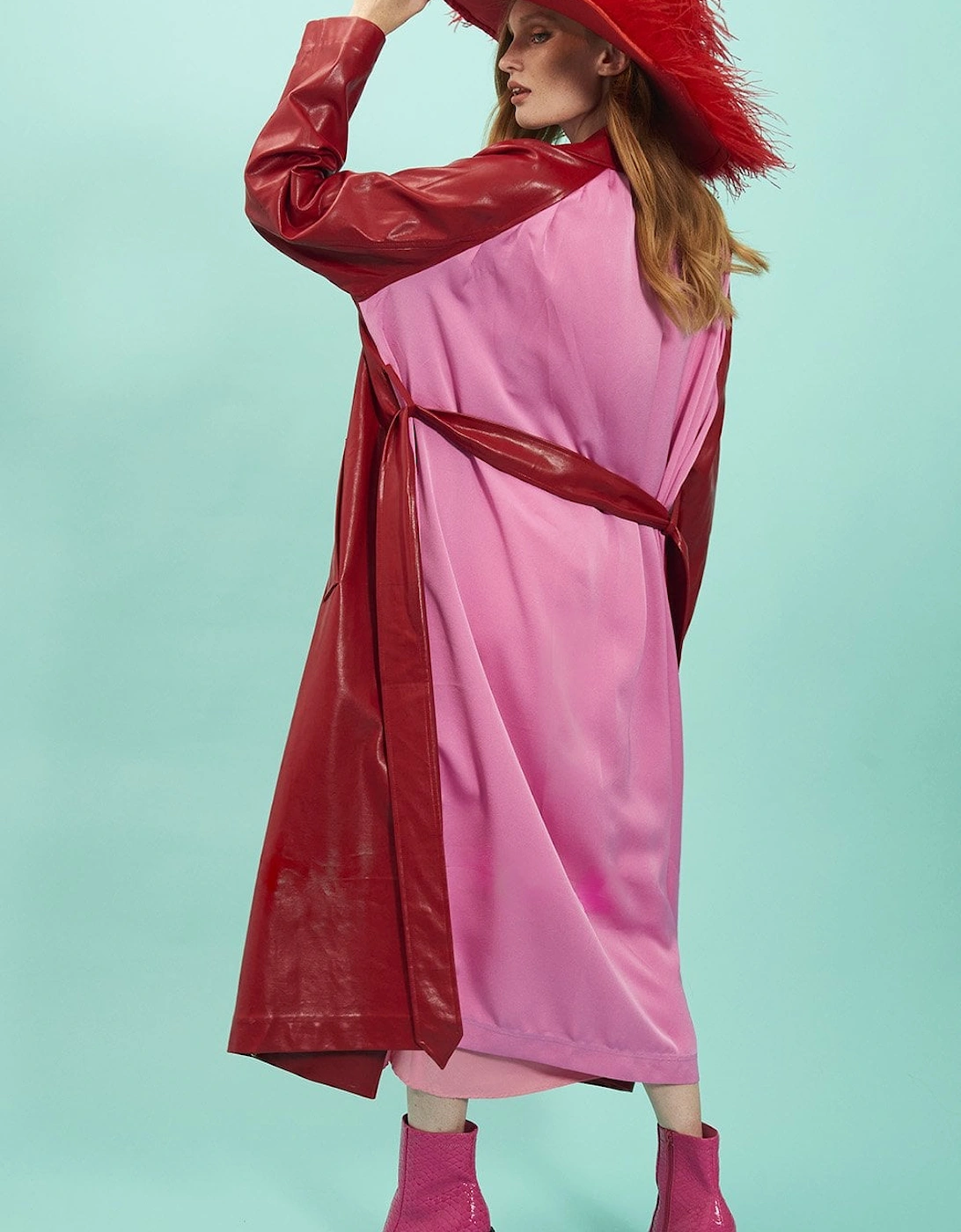 Red Eco Leather Trench Coat with Pink Back Panel, 5 of 4