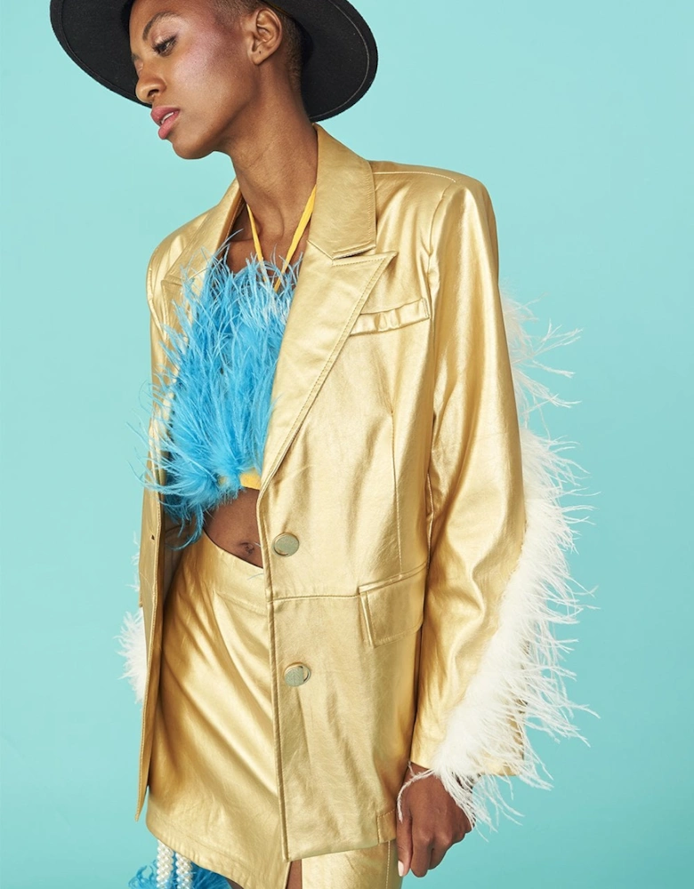 Gold Faux Leather Blazer with Feather Details