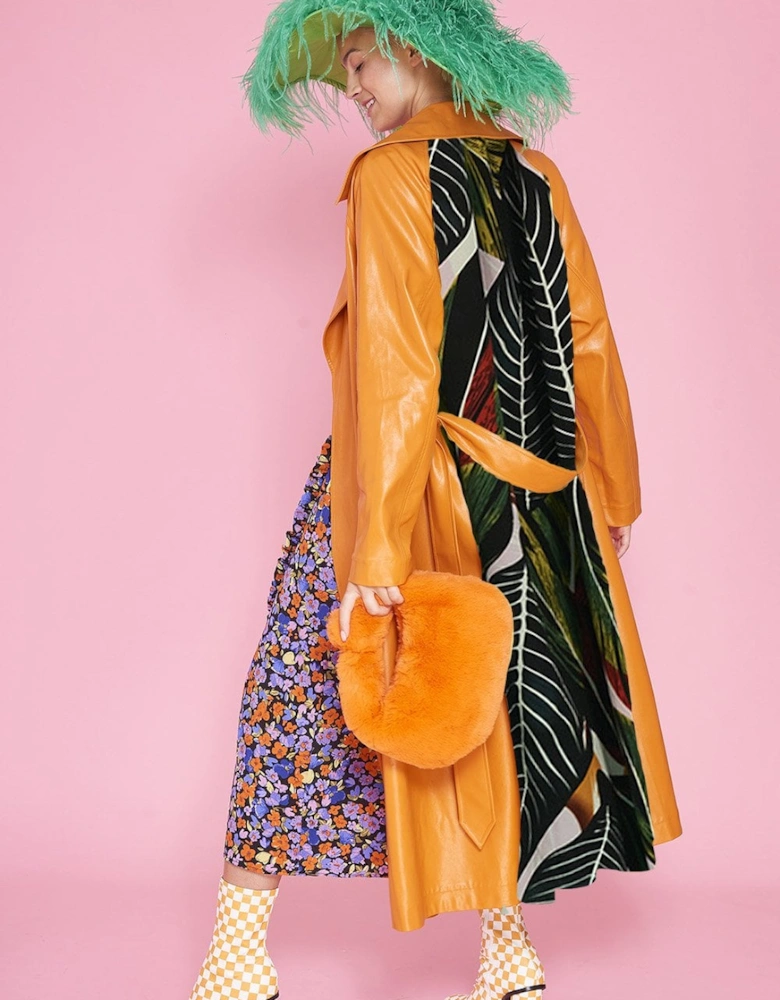 Orange Eco Leather Trench Coat with Botanical Print Panel