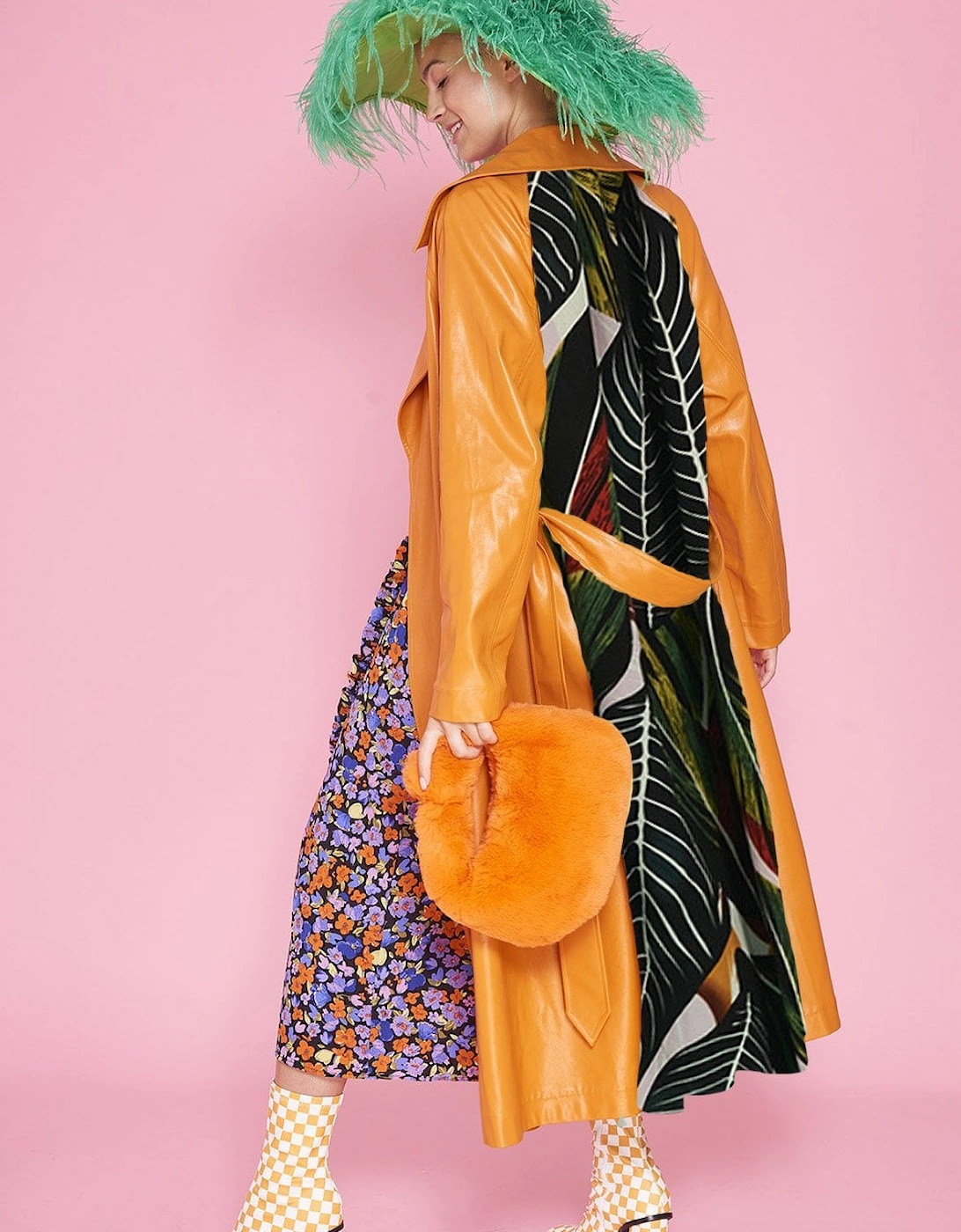 Orange Eco Leather Trench Coat with Botanical Print Panel, 5 of 4