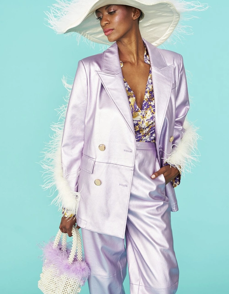 Lilac Faux Leather Blazer with Feather Details