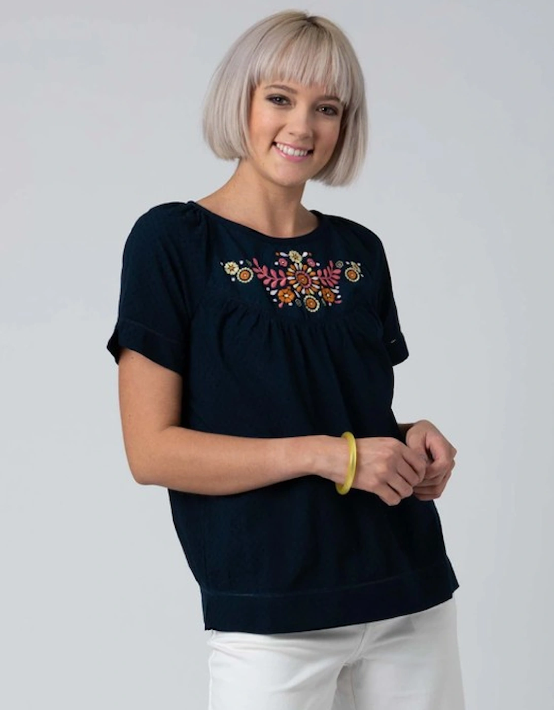 Women's Embroidered Ladder Detail T-Shirt Navy, 5 of 4