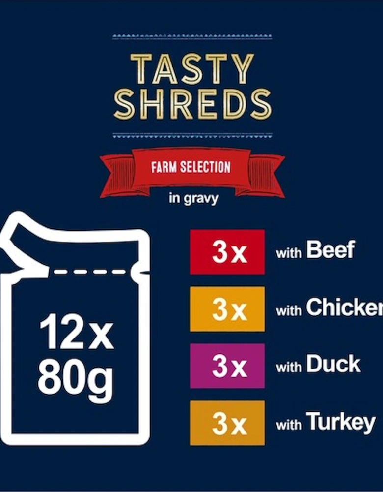 Felix Tasty Shreds Farm Selection In Gravy 12 x 80g Pouches