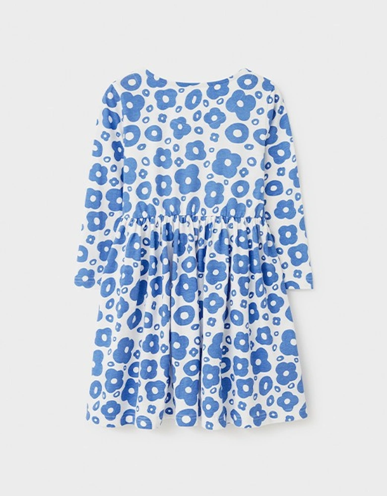 Girls Long Sleeve Jersey Dress Flower Print Provincial Blue