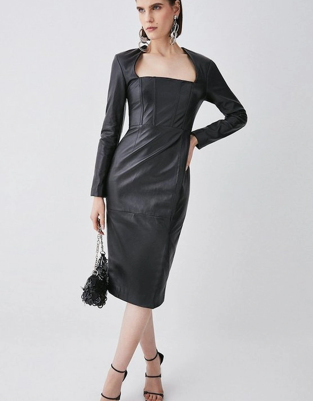 Leather Corset Detail Sleeved Midi Pencil Dress, 5 of 4