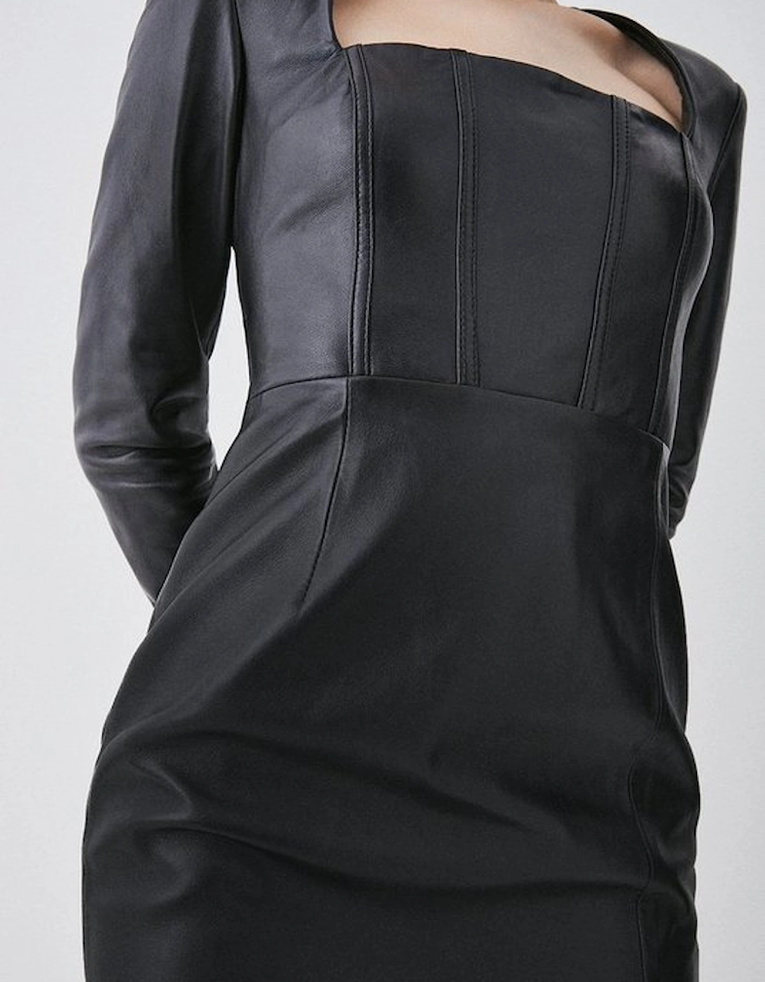Leather Corset Detail Sleeved Midi Pencil Dress