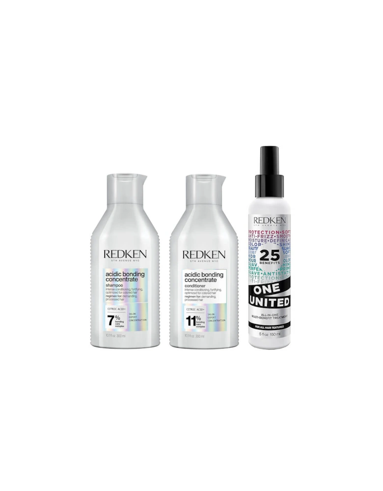 Acidic Bonding Concentrate Shampoo, Conditioner and One United Multi-Benefit Leave-in Treatment Bond Repair Bundle