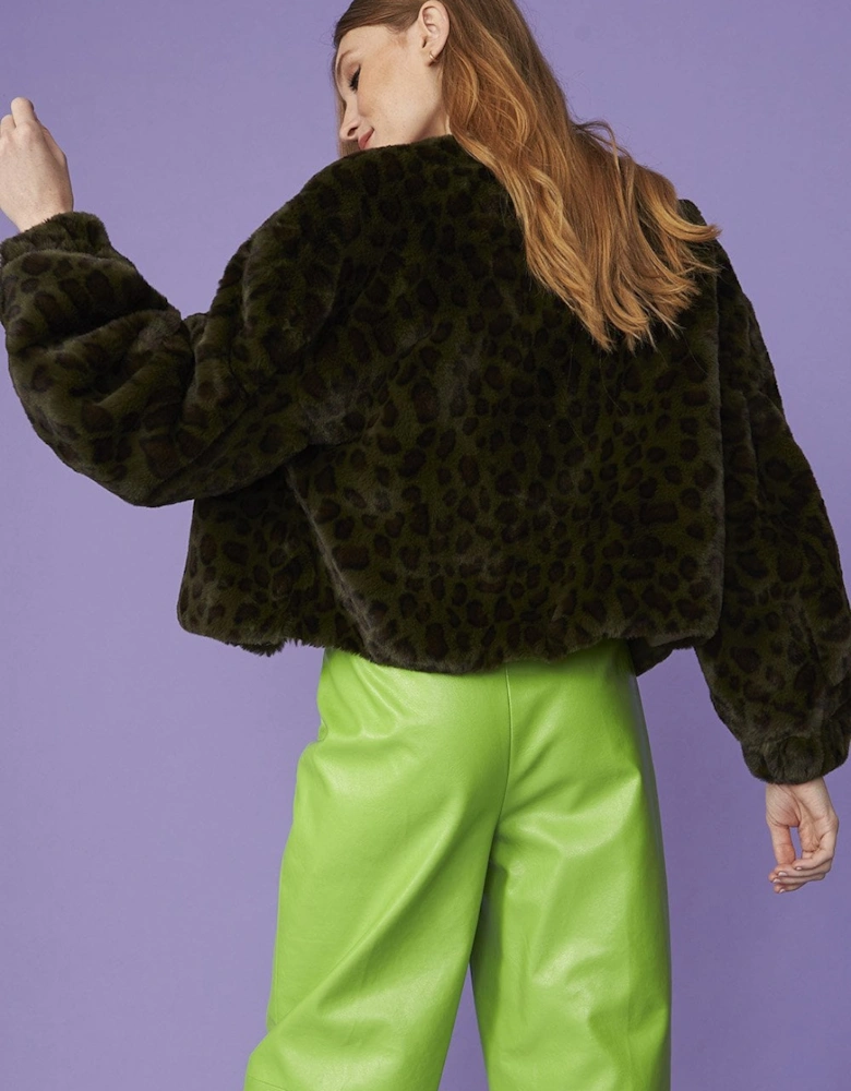 Green Cropped Faux Fur Jacket