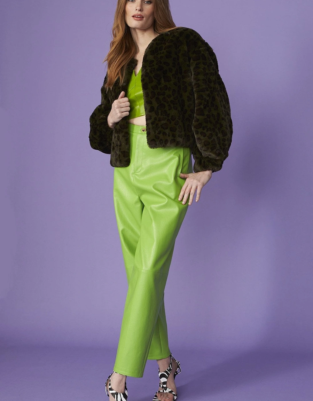 Green Cropped Faux Fur Jacket