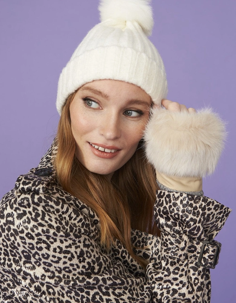 Cream Knitted Beanie Faux Fur Pom Pom Hat