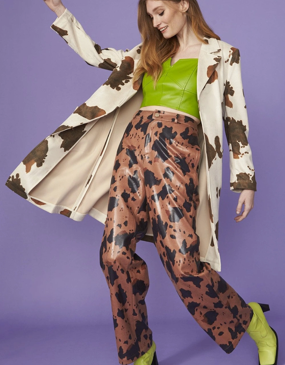 Cow Print Faux Suede Animal Print Trousers, 4 of 3