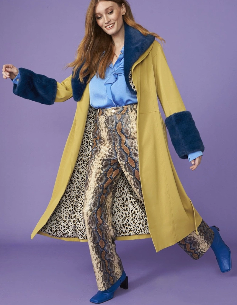 Yellow Trench Style Belted Coat with Faux Fur Cuffs and Collar