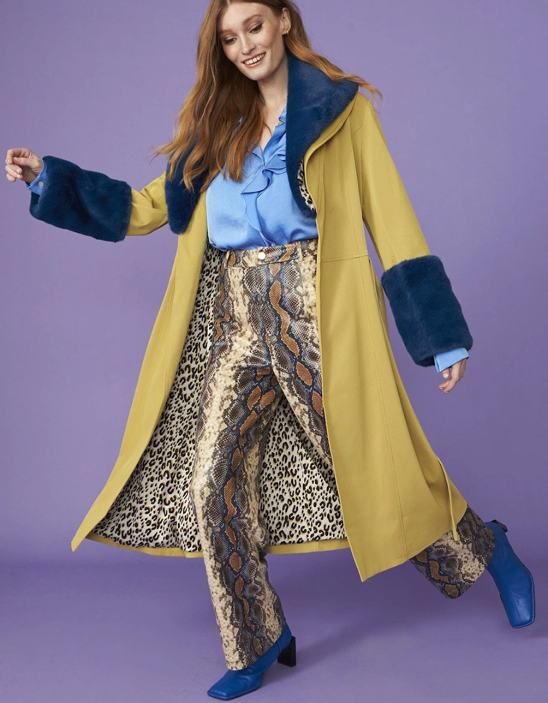 Yellow Trench Style Belted Coat with Faux Fur Cuffs and Collar, 8 of 7