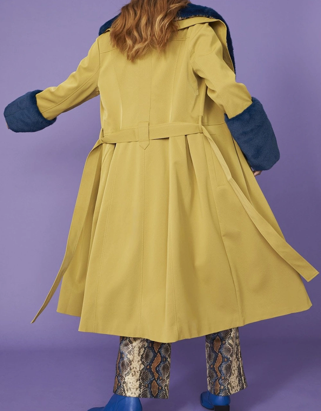 Yellow Trench Style Belted Coat with Faux Fur Cuffs and Collar