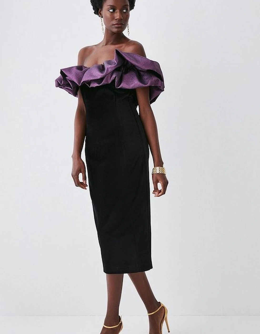 Jacquard Contrast Ruffle Bardot Midi Dress, 5 of 4