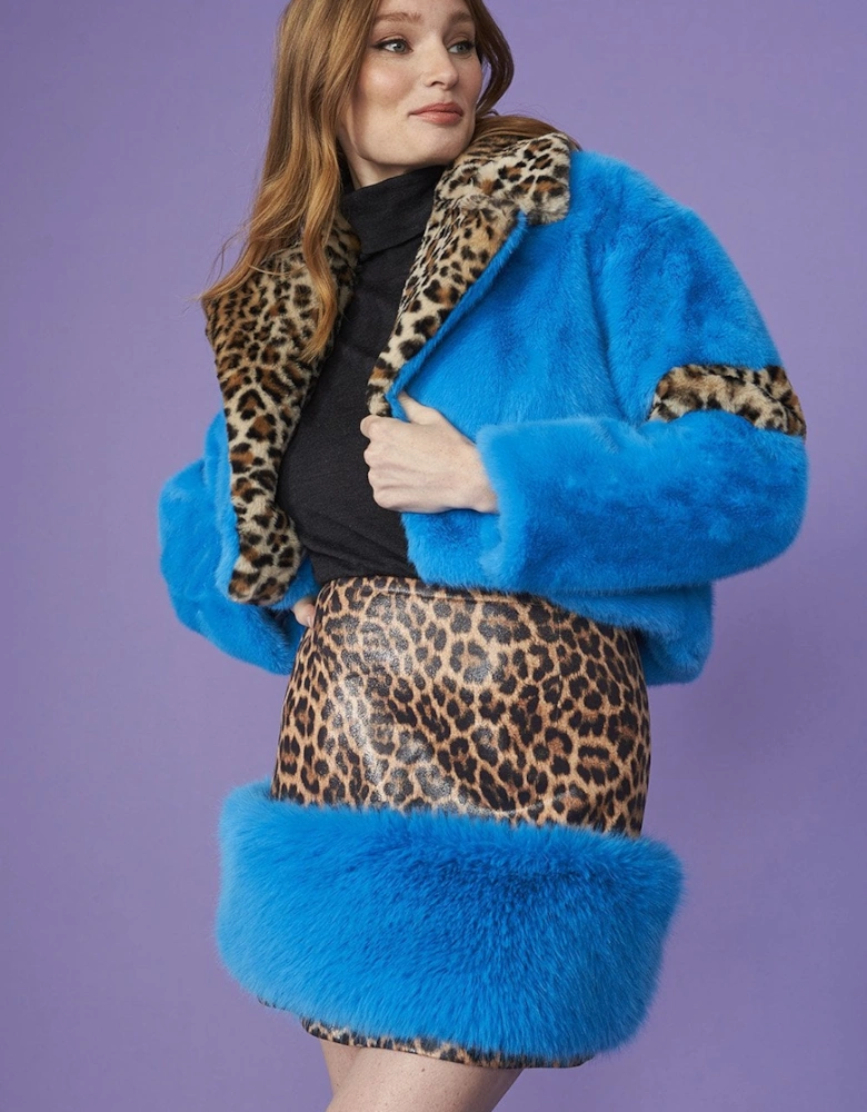 Cropped Blue and Leopard Print Faux Fur Coat