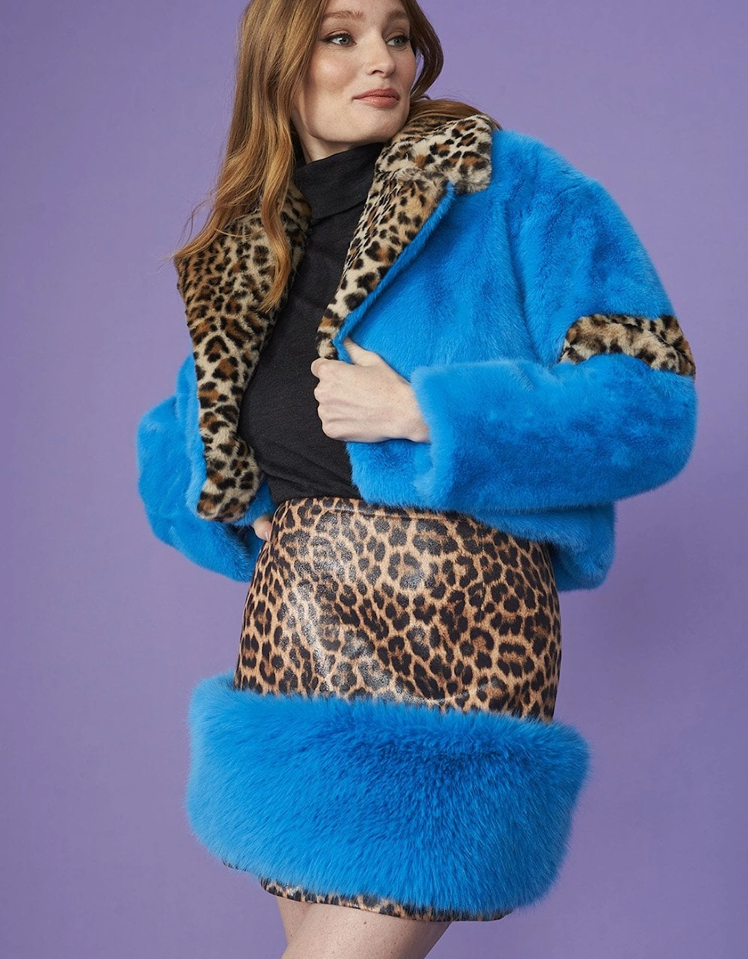 Cropped Blue and Leopard Print Faux Fur Coat