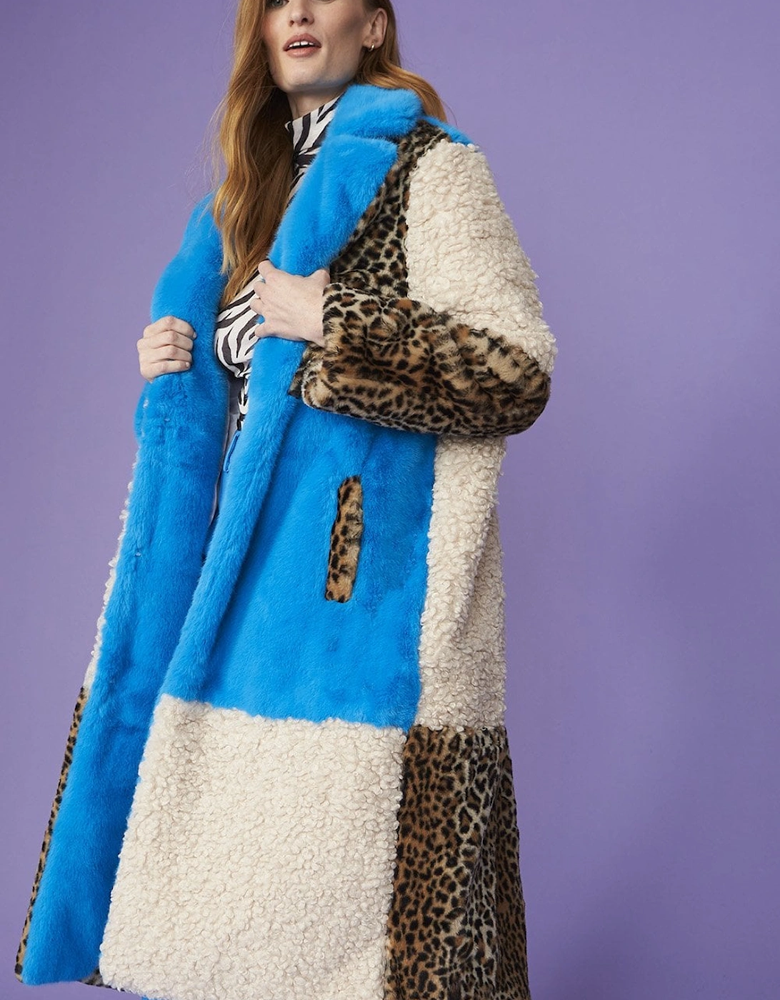 Maxi Checkered Leopard Print and Shearling Faux Fur Coat, 5 of 4