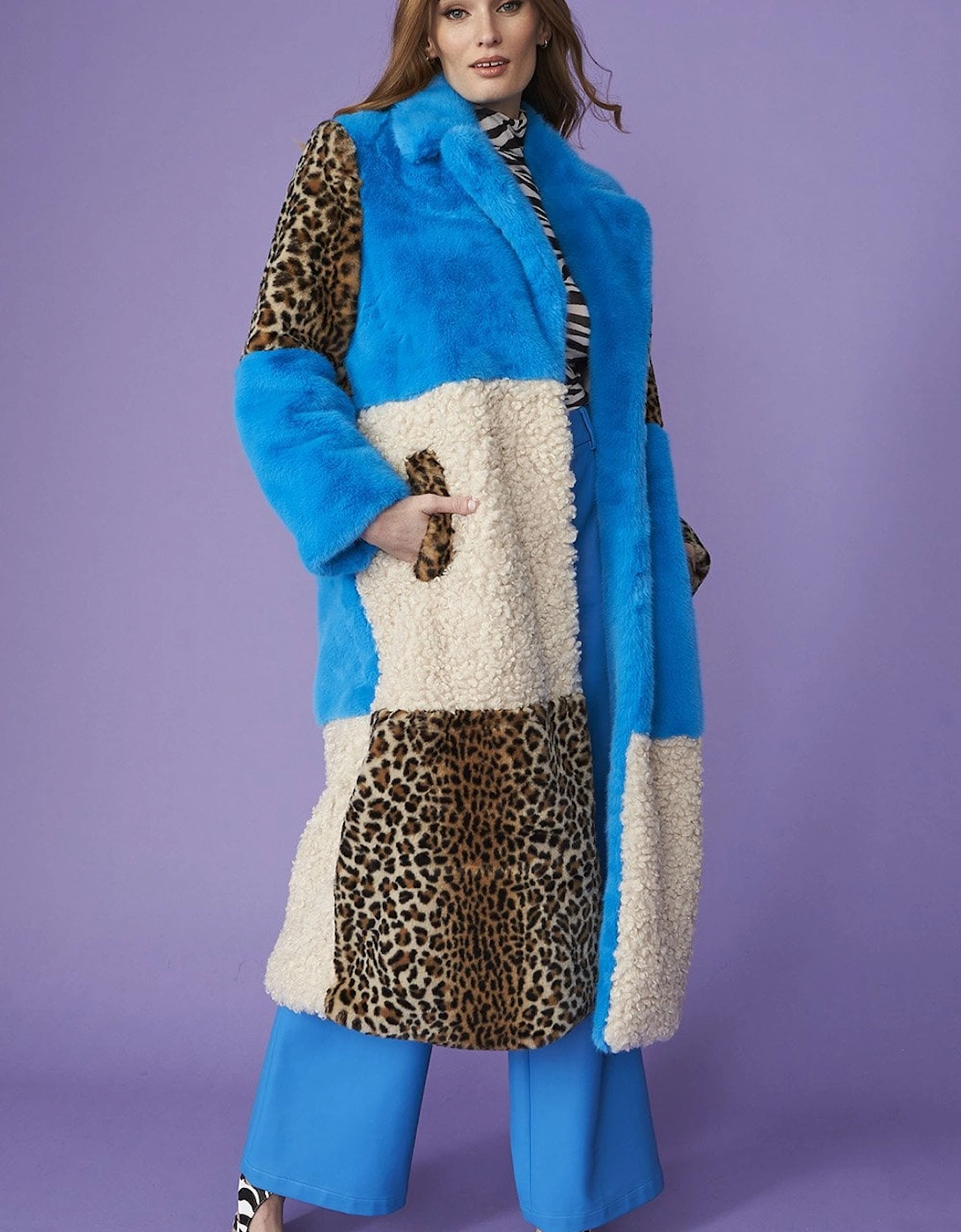Maxi Checkered Leopard Print and Shearling Faux Fur Coat