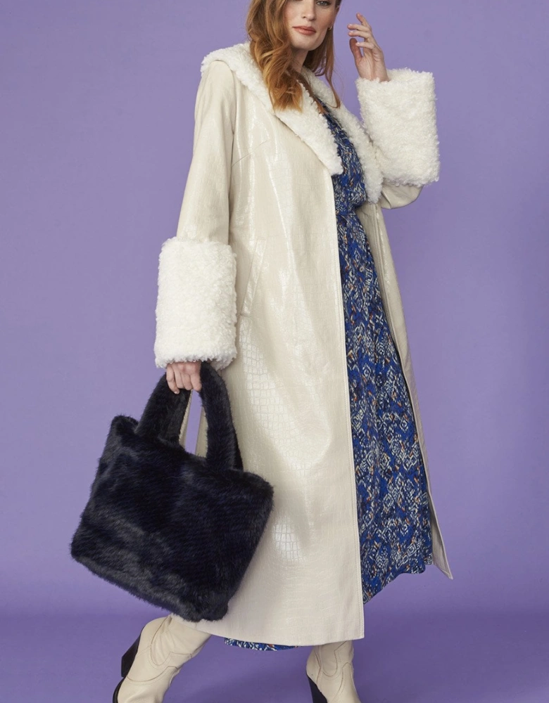 White Faux Suede Coat With Detachable Faux Shearling Cuffs & Collar
