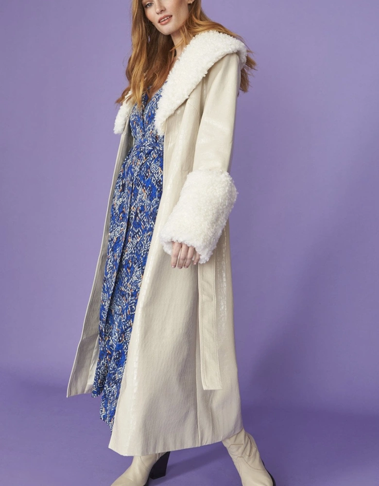 White Faux Suede Coat With Detachable Faux Shearling Cuffs & Collar