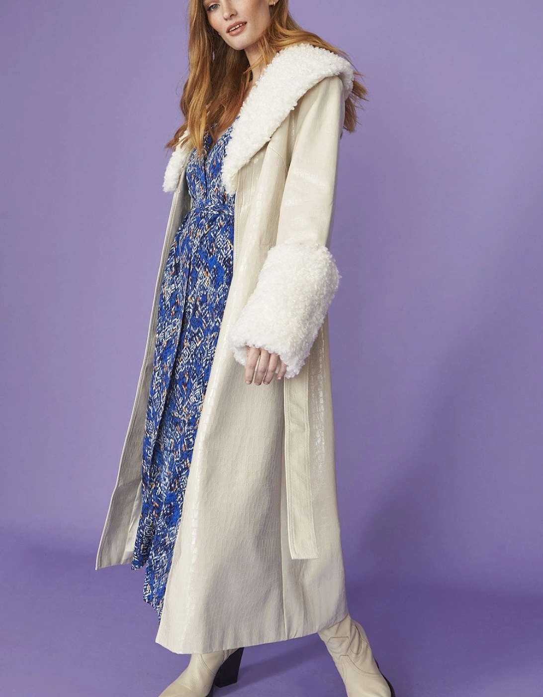 White Faux Suede Coat With Detachable Faux Shearling Cuffs & Collar, 6 of 5