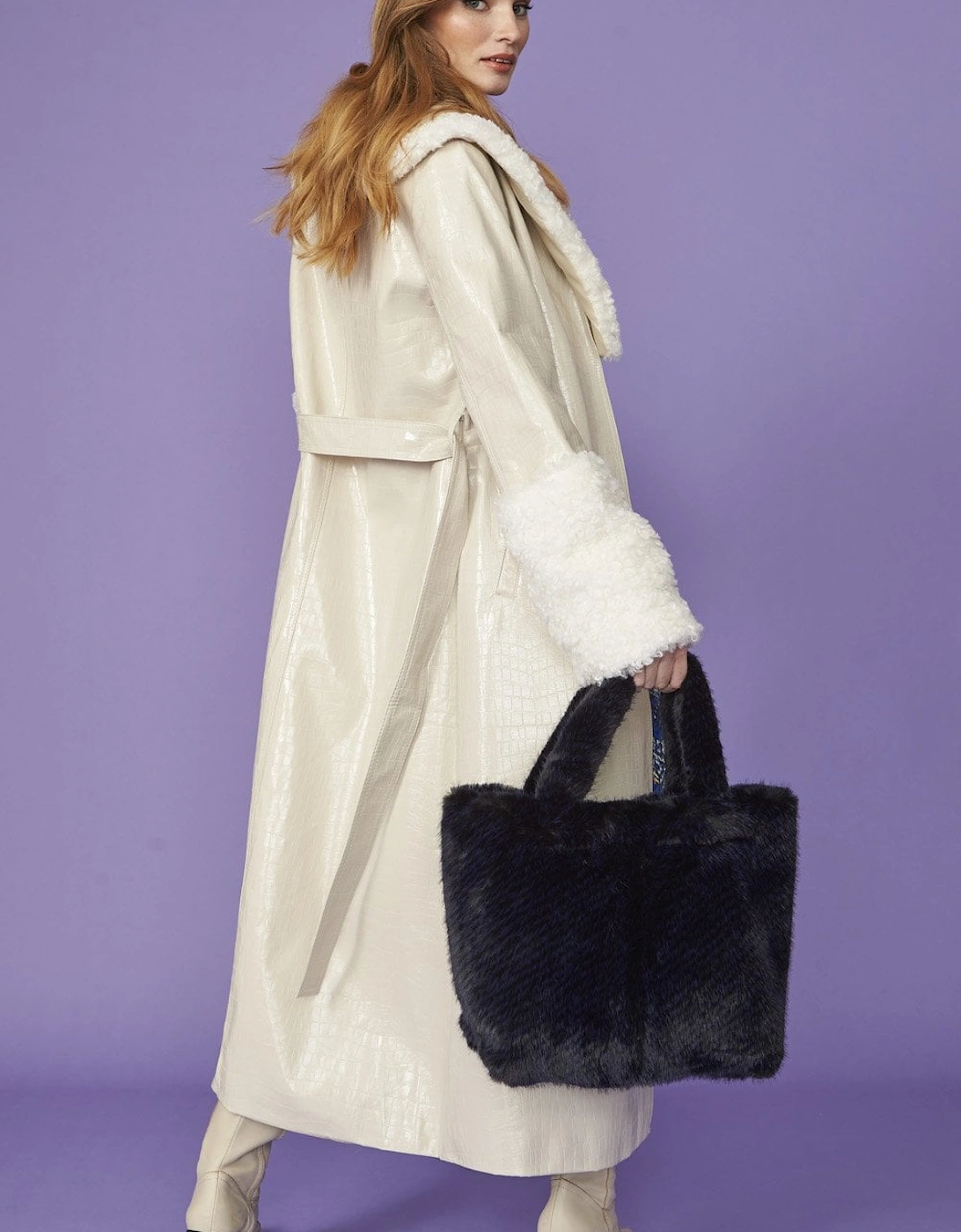 White Faux Suede Coat With Detachable Faux Shearling Cuffs & Collar