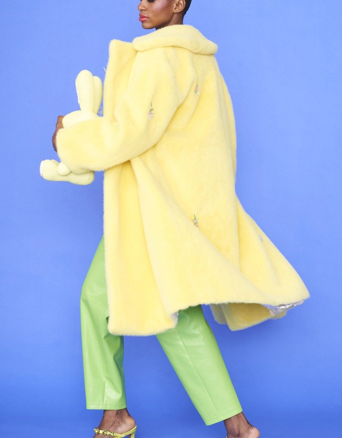 Yellow Faux Fur Coat with Floral Embellishments, 5 of 4