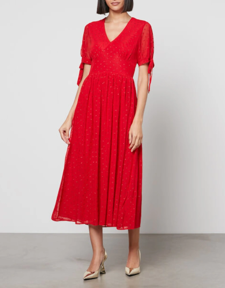 Red Heart Flocked Chiffon Midi Dress