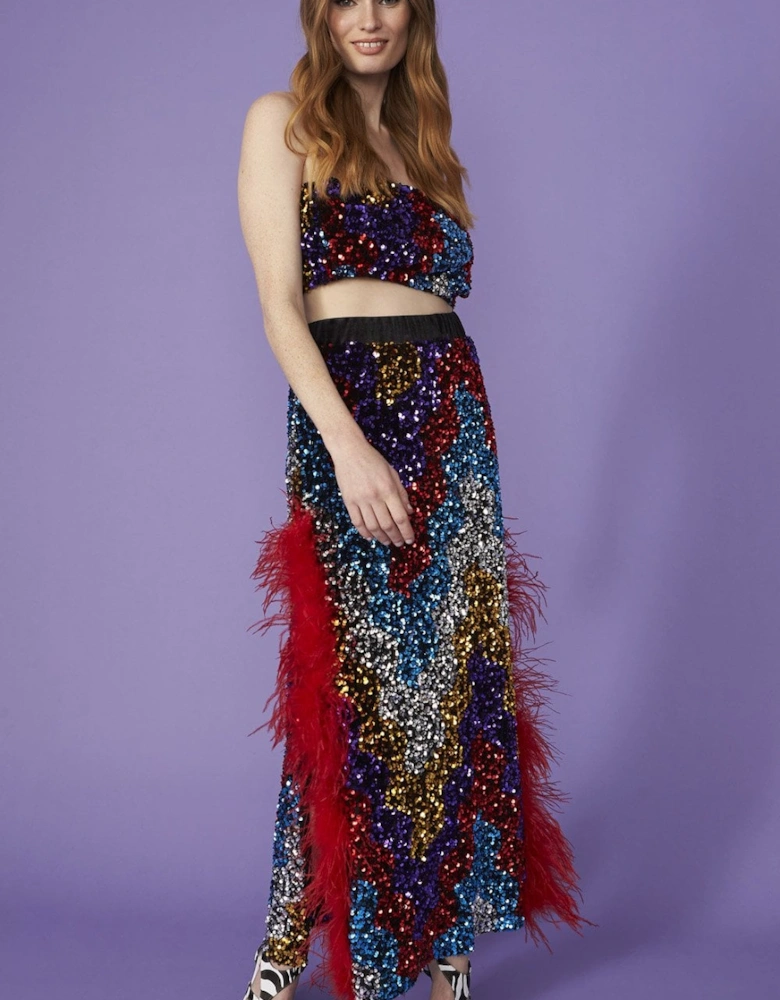 Multi Coloured Sequin Midi Skirt With Duel Feather Split