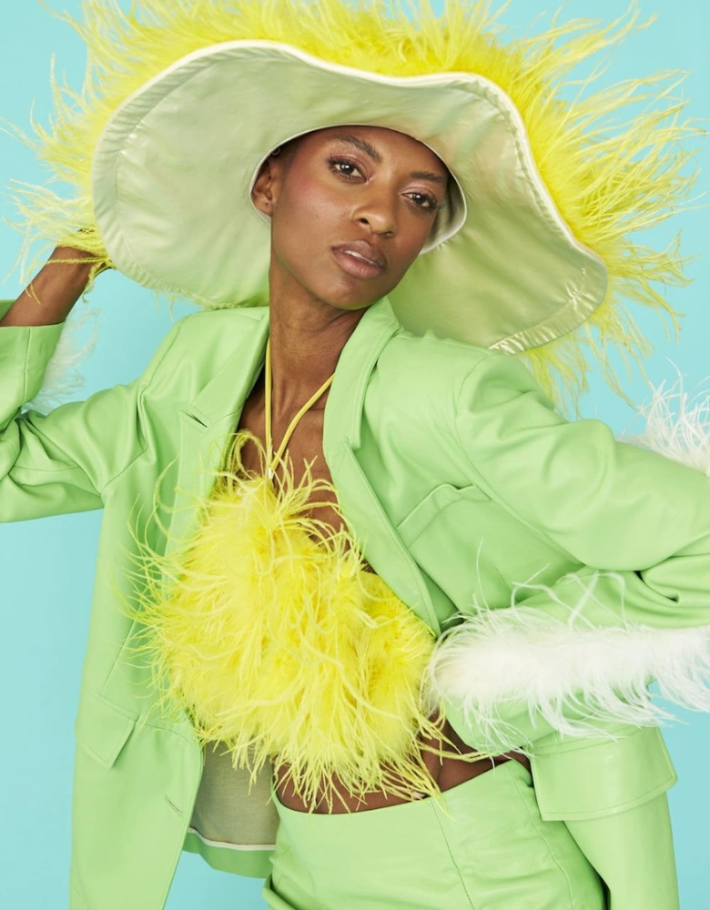 Lime Green Faux Leather Blazer with Feather Details